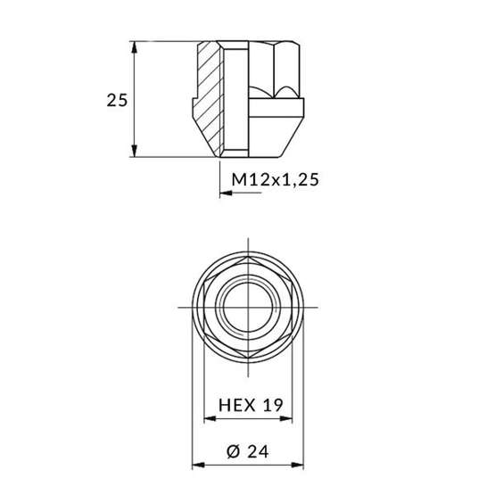 Nakrętki do felg aluminiowych, kół - M12x1,25 / Ocynk - (otwarta z kołnierzem) - klucz 19 / IS