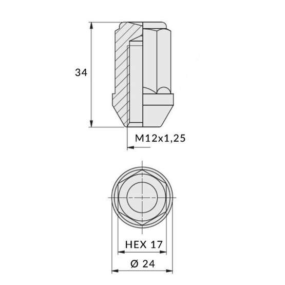 Nakrętki do felg aluminiowych, kół - M12x1,25 / Ocynk - (zamknięta) - klucz 17 / IS
