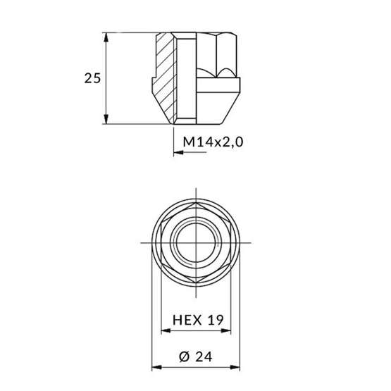 Nakrętki do felg aluminiowych, kół - M14x2,0 / Ocynk - (otwarta z kołnierzem) - klucz 19 / IS