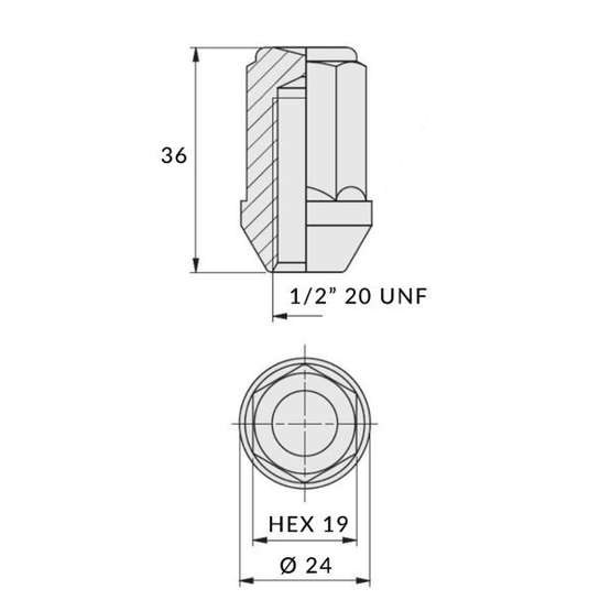Nakrętki zamknięte do felg aluminiowych, kół - 1/2" 20 UNF / Ocynk - (zamknięta) / IS